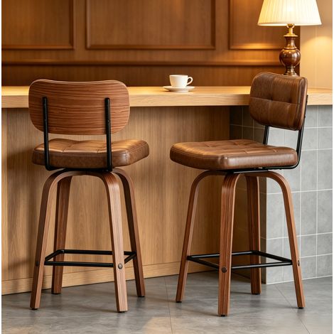 Tabouret de bar pivotant 360° en PU avec dossier en bois cintré, structure métal, lot de 2 (1/5)