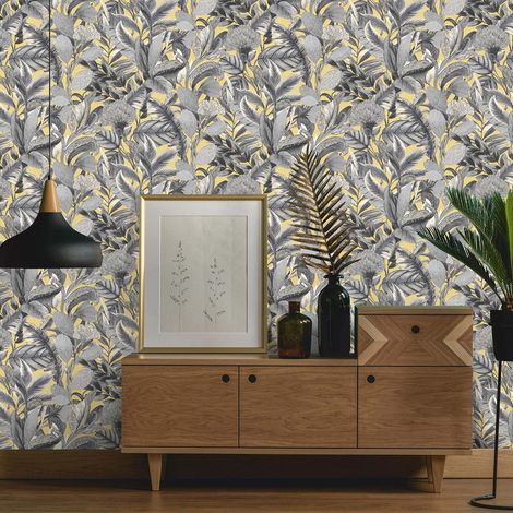 Papier peint feuille gris & jaune moderne pour salon | Tapisserie feuillage jaune & grise chambre | Papier peint feuillage jungle couloir (1/3)