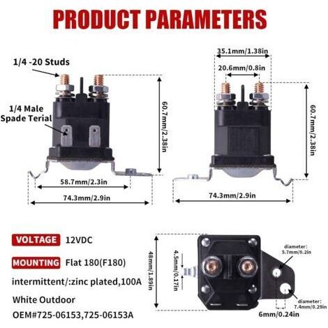 Relais solénoïde de démarreur 12 V pour tondeuse autoportée Cub Cadet XT1 XT2 Enduro RZT LT1 ZT1 ZT2 MTD Troy-Bilt Craftsman Yard Man Machines Zero Turn 725-06153A 725-06153