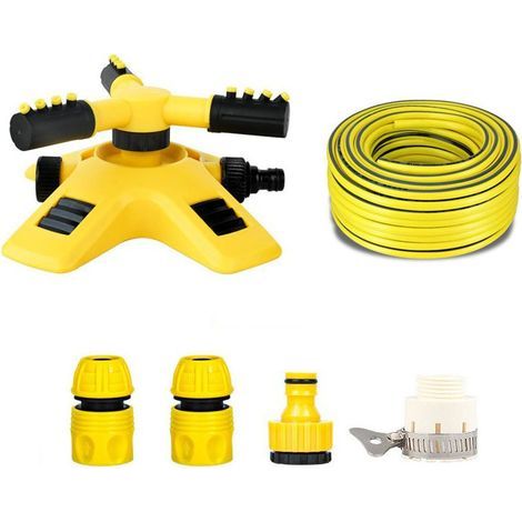 Kit d'arrosage pour pépinière et jardin Arroseur rotatif à trois branches à 360° + tuyau d'arrosage PVC 4 points de 20 mètres Système d'irrigation complet avec distributeur à 8 broches à connexion r (1/5)