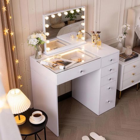FENCHILIN Coiffeuse avec Miroir LED 6 Tiroirs Blanc 92 x 55 x 127 cm