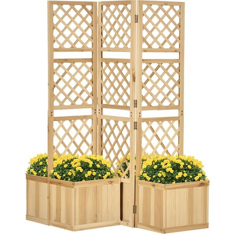 Paravent pliable, brise-vue pour jardin, triple pliage, 4 jardinières, bois massif, couleur naturelle, 133 x 62 x 165 cm (1/5)