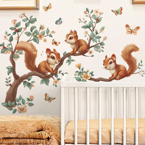 Sticker mural animaux de la forêt, Sticker mural écureuil, Décoration murale branches pour enfants (1/5)