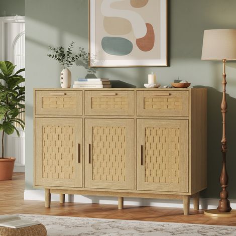 Buffet en rotin PVC de style bohème - couleur bois naturel - 3 portes+3 tiroirs, poignées en métal - 107x40x80 cm - armoire en bois massif (1/5)