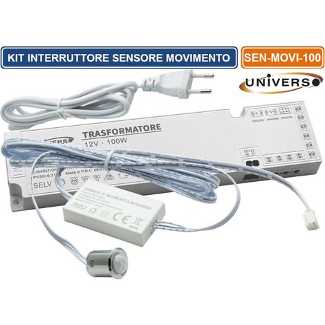 KIT MINI INTERRUTTORE SENSORE MOVIMENTO INFRAROSSI 12V 24V PASSAGGIO PIR CON ALIMENTATORE 100W ACCENSIONE AUTOMATICA STRISCE LUCI LED