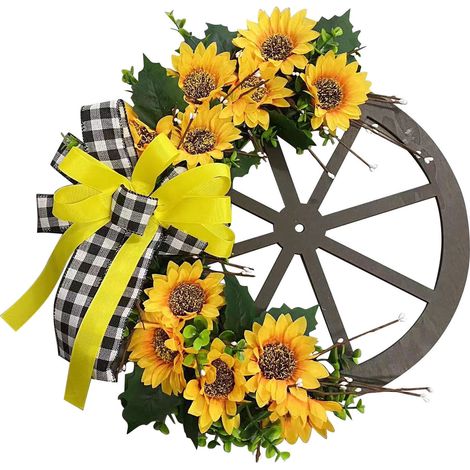 Wreath - Sunflower - Wooden Wheel Base - 40 Cm Diameter - For Front Door Wall Window - Outdoor Indoor Farmhouse Decor - 1 Piece (1/5)