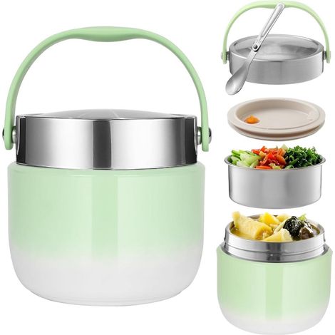 Fiambrera Térmica - 1200 Ml - Contenedor Alimentario Aislado con Compartimentos - Para Comida Caliente o Fría - Cuchara Plegable Incluida - Verde (1/5)