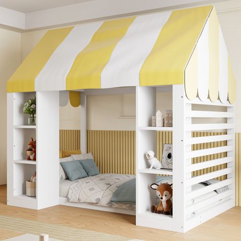 Lit enfant style cottage 90x200 cm avec baldaquin et 2 rangements ouverts, structure en bois blanc (1/5)