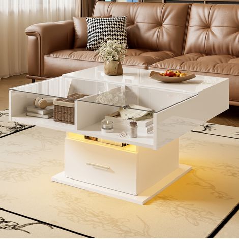 Table basse relevable 78x78 cm blanche en panneau de particules avec LED et rangement (1/5)