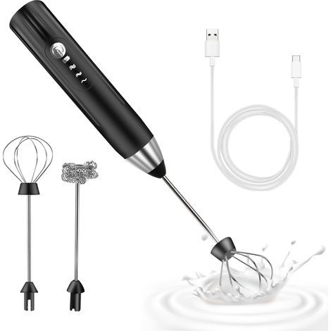 Mousseur à Lait Électrique，Mousseur de Lait Rechargeable USB et Mini Fouet Electrique, Mélangeur Acier Inoxydable, pour Café, Café au Lait(Noir) (1/5)