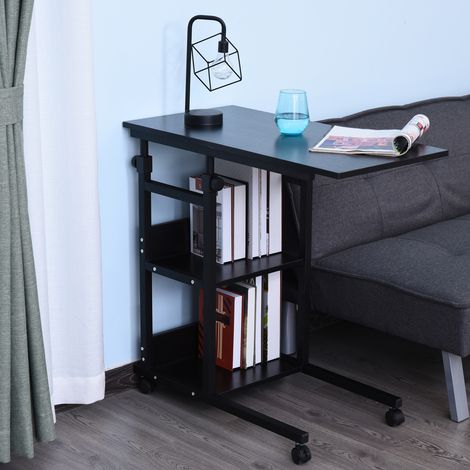 Mesita auxiliar, mesa de centro, mesa con ruedas, mesa para portátil para cama, altura ajustable - 2 estantes integrados - Estructura de metal negro (1/5)