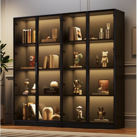 Vitrina armario negra en tablero de partículas con puertas de vidrio, LED controlado por app y estantes ajustables (1/5)