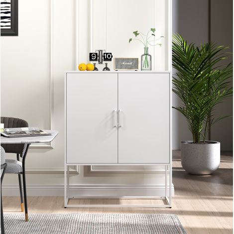 Credenza in acciaio con 2 ripiani, porte magnetiche, 85 x 40 x 109 cm, bianco DESVIAE (1/5)