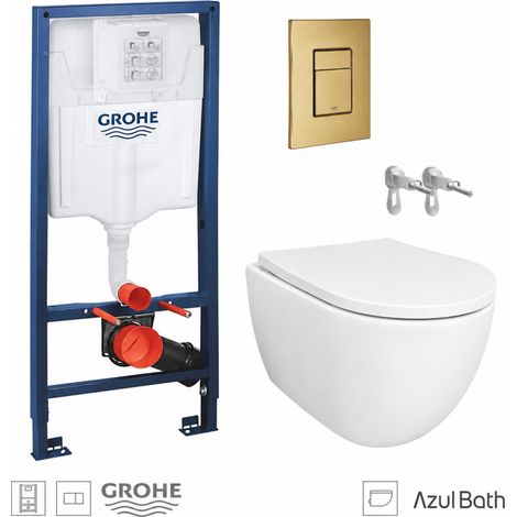 Pack WC Bastidor empotrado GROHE cisterna y pulsador dual oro cepillado con inodoro suspendido SWISS 53 cm Tornado y Soft-Close de Azul Bath (1/5)