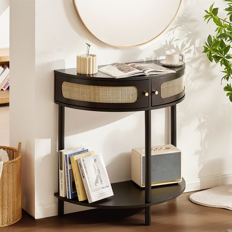 VEVOR Half-moon Rattan Console Table with 2 Drawers, Rattan Entryway Table with Natural Rattan Sliding Door, Console Table with Storage for Living Room, Study, Entryway Or TV Wall, Black (1/5)