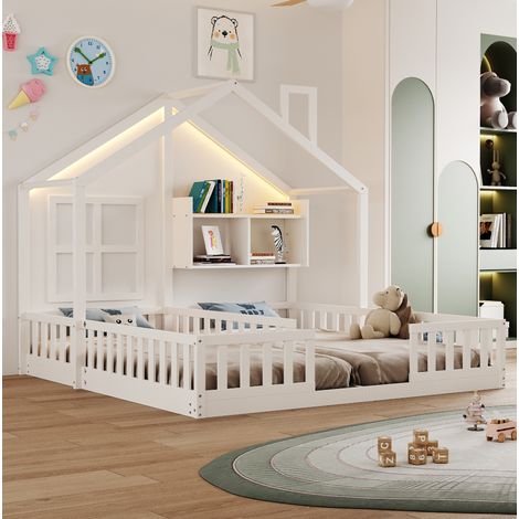 Cama infantil doble 90x200 cm blanca de madera con diseño casa, LED, barreras y estantes (1/5)