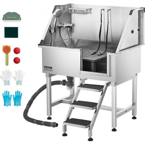 Baignoire de Chien Acier Inoxydable, Baignoire de Toilettage pour Animaux de Compagnie 96 cm Station de Lavage Chat, avec Escalier à Droite, Robinet, Pommeau de Douche, Porte-savon, Porte Droite (1/3)