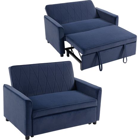 HOMCOM 2 Seater Sofa Bed, 3-in-1 Velvet Pull Out Sleeper Sofa, Dark Blue