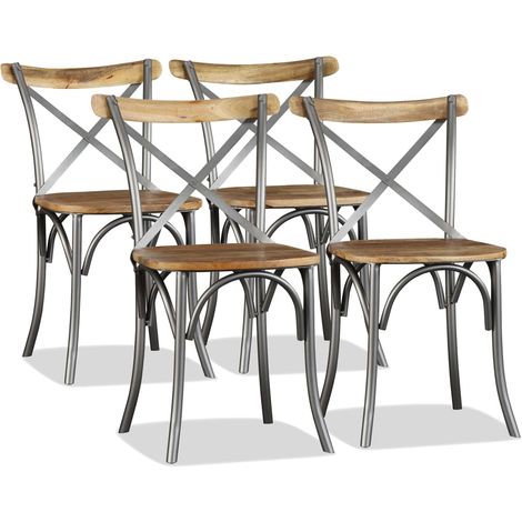 Chaises de salle à manger, lot de 4. Bois de manguier massif avec dossier croisé en acier.