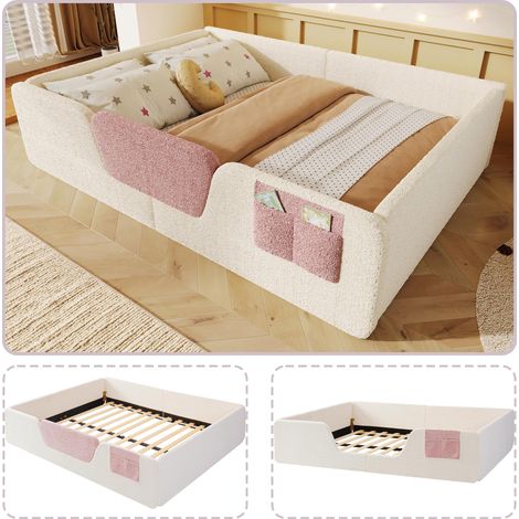 Lit capitonné, 140x190cm, sans matelas, barrières de sécurité amovibles, sac de rangement intégré en tissu, velours unique, beige, garantie 2 ans