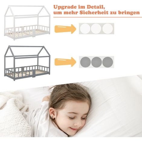 Lit enfant maison 90x200 cm, lit en bois pin gris pour chambre d'enfant avec ardoise, sommier à lattes et barrière de sécurité, sans matelas (1/5)