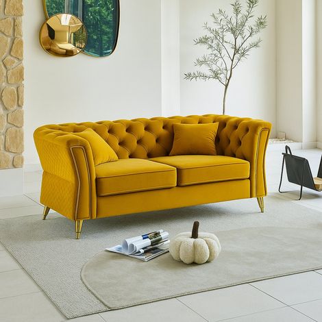 Dmora - Sofá fijo 2 plazas Casio, Sofá recto, Sofá para salón, Sillón doble, 162x83 h76 cm, Ocre y Oro (1/5)