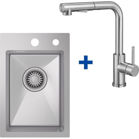 CECIPA MAX Fregadero de cocina de acero inoxidable de 30 x 45 cm (pequeño) + Grifo extraíble con 2 modos de chorro – Acabado cepillado – Juego de fregadero de encastre (1/5)