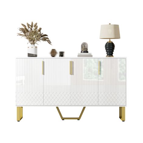 Buffet laqué brillant, 4 portes, poignées et pieds en métal, motif géométrique blanc, 140 cm (L) x 40 cm (l) x 80 cm (H)