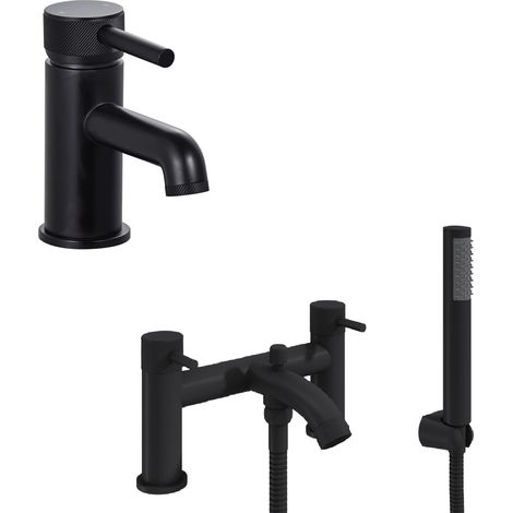 Contemporary Single Lever Handle Mono Basin Tap and Bath Shower Mixer Set - Black
