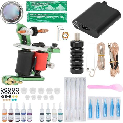 Kit de tatouage complet : machine à tatouer professionnelle à bobine, alimentation, stylo, 9 encres, œillets et accessoires. Prise 90-265 V (États-Unis). (1/5)