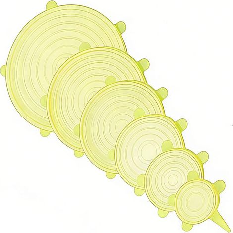 Tapas telescópicas de silicona reutilizables, aptas para cuencos, tazas y tarros de todas las formas y tamaños. (Amarillo, paquete de 6). (1/5)