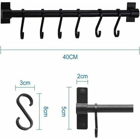 Soporte para utensilios de cocina, barra de 40 cm con 6 ganchos extraíbles (negro) (1/3)