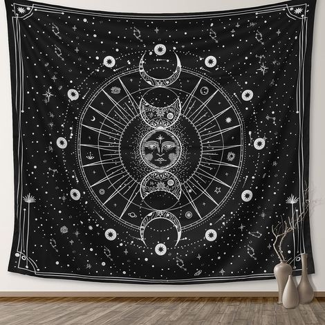 Kaelt - Tapisserie pour Esthétique de Chambre à Coucher, Tenture Murale Astrologie Étoile Soleil Lune, Décorations de Chambre Psychédéliques Noir Blanc, Décoration Murale Mystique (130x150cm) (1/5)