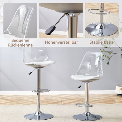 Tabouret de bar réglable moderne, lot de 2, dossier en plastique transparent et assise en cuir PU, pieds en métal argenté, hauteur ajustable, rotation 360°, idéal pour cuisine et bistrot. (1/5)