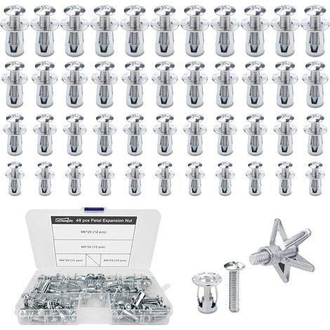 Lot de 48 ancrages muraux creux, écrou pétale, vis d'expansion pétale, vis d'expansion en métal, pour cavité, kit d'ancrage mural creux, kit d'ancrage mural creux, pour murs fins, portes creuses, tôle (1/5)