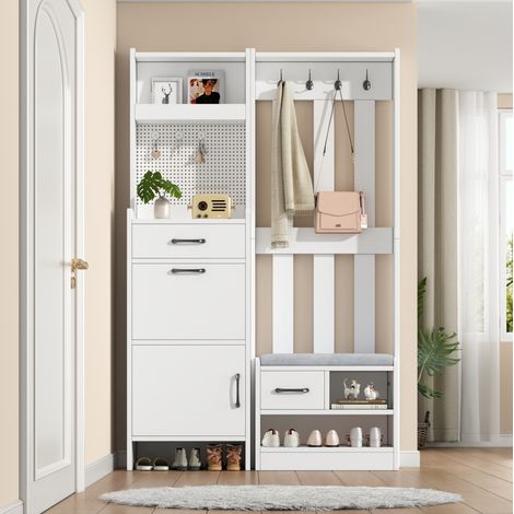 Meuble d'entrée 7 en 1 blanc 110 x 35 x 175,5 cm avec banc, tiroirs, patères et porte-chaussures (1/5)