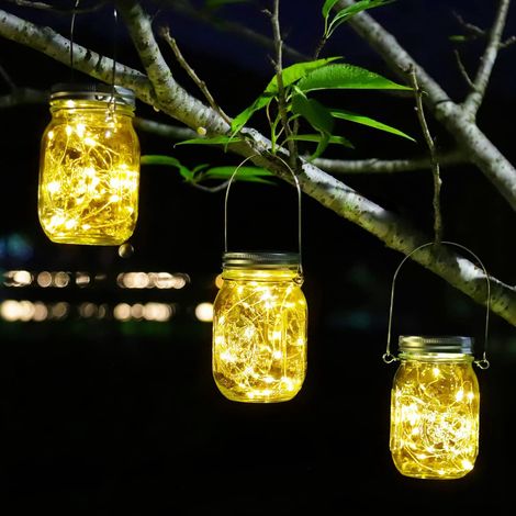Lampes solaires d'extérieur, lot de 3 lampes solaires de jardin avec 20 LED étanches, en bocaux Mason, pour éclairage intérieur et extérieur, décoration de Noël (blanc chaud) (1/5)