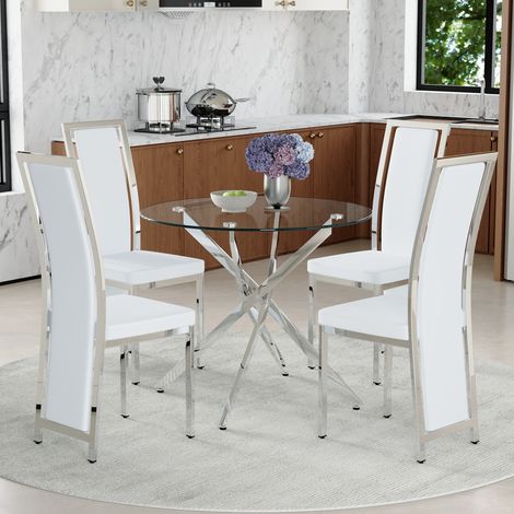 Table et chaises design 4 places - Table de salle à manger luxueuse en verre trempé 88 cm + 4 chaises minimalistes blanches PU avec bord argenté et cadre métallique argenté, ensemble moderne épuré. (1/4)