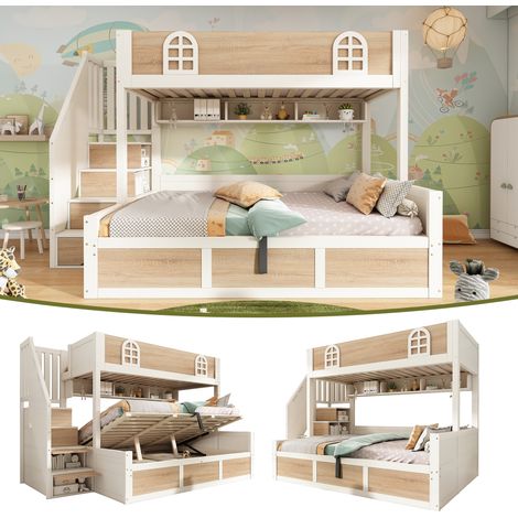 Lit surélevé pour enfants 90x200 et 140x200 cm. Lit en bois avec espace de rangement hydraulique et compartiment pour bagages. Équipement anti-déversement, endroit sûr pour dormir. Tissu naturel, sans (1/5)
