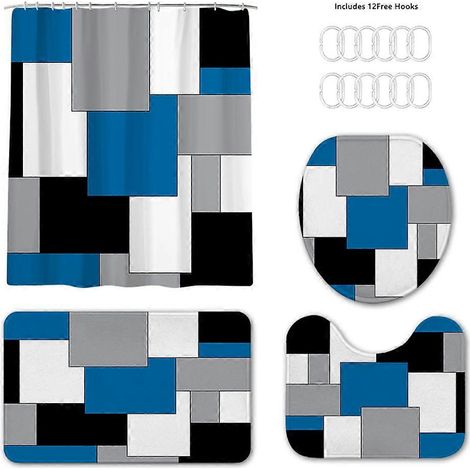 Geometrisches blaues Duschvorhang-Set mit rutschfesten Teppichen, WC-Deckelbezug und Badematte, Badezimmer-Dekor-Set in Schwarz und Grau, wasserdichte Dusche (1/5)