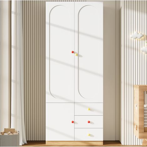 Armadio guardaroba in MDF bianco laccato con 2 ante, 3 cassetti e barra appendiabiti 80 x 45 x 200 cm (1/5)