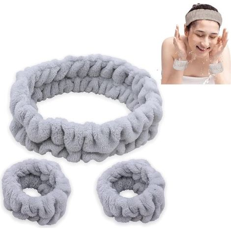 Set per spa con fascia per capelli e braccialetto per il viso, set per la pulizia del viso, fascia assorbente per il trucco, fascia soffice per il trucco per donne e ragazze (grigio), braccialetto per (1/4)
