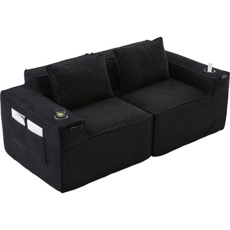 Modulares 2-Sitzer-Sofa aus schwarzem Cordvelours mit Becherhaltern und Taschen (1/5)