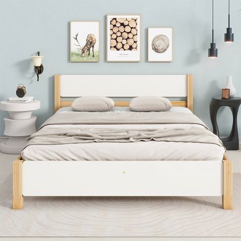 Lit double 140x200 en pin, blanc + naturel, tête/pied MDF, 15 lattes, pied central avec 3 appuis, cadre stable (1/5)