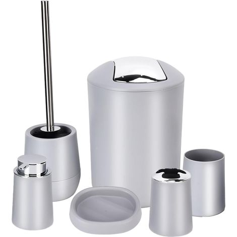 Ensemble D'accessoires Salle Bain 6 Pièces avec Poubelle, Brosse Toilette, Porte-Brosse à Dents, Distributeur Savon Lotion, Porte-Savon, Gobelet, Ensembles D'accessoires de Bain en ABS(Gris) (1/5)