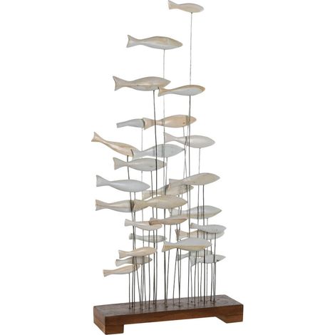 Sculpture poissons marins en bois et métal décoratif - Blanc cassé avec nuances de bois naturel (1/4)