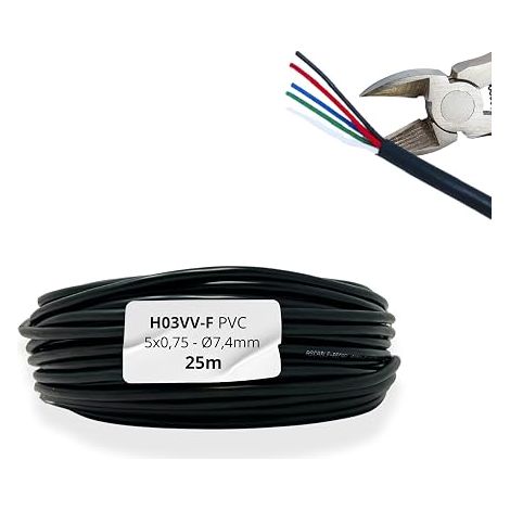 Câble tuyau rond PVC noir 03VV-F 5 x 0,75 mm²  Câble flexible 5 conducteurs cuivre  intérieur bleu, rouge, vert, noir et blanc  Basse tension 300 V (1/5)