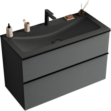 BERNSTEIN - Mobile lavabo sospeso MDF Antracite opaco, lavabo Ghisa Nero opaco + foro rubinetto, maniglia cromata 80x46x62cm - LAVOA	Antracite opaco, cromo, Nero opaco con foro rubinetto