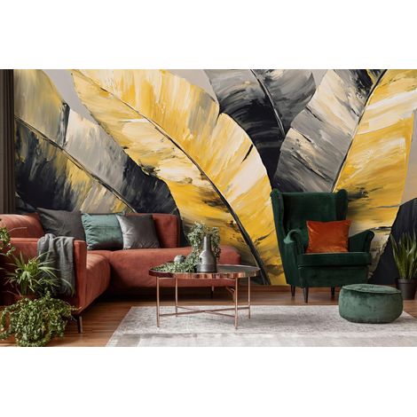 Fototapete Blätter Abstrakt Gelb Schwarz, für Wohnzimmer und Schlafzimmer, 150 x 105 cm – Komplettset inkl. Kleister & Anleitung (1/5)
