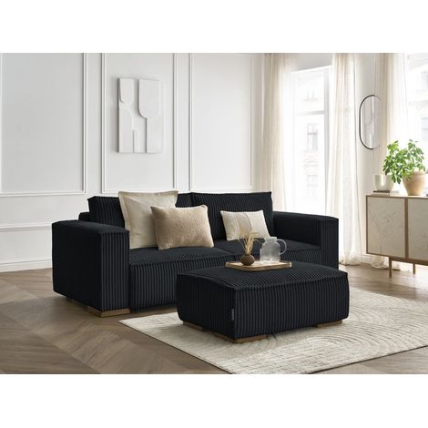 BOBOCHIC - Canapé droit convertible coffre CHELSEA gros côtelé doux avec pouf   Noir (1/5)